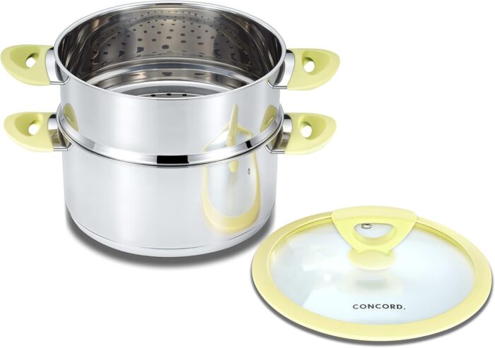 3 Quart Stainless Steel 3 Piece Steamer Cookware Set. Features 2 Quart Veggie Steamer and 3 Quart Cooking Pot with tempered glass lid and silicone handles (INDUCTION COMPATIBLE) - Image 2