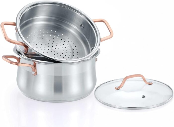 Premium Stainless Steel 2 Tier Steamer w/Rose Gold Handles 22 cm