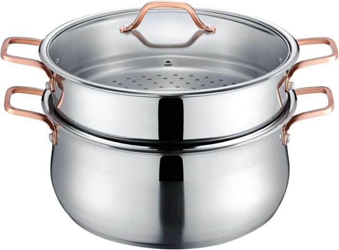 Premium Stainless Steel 2 Tier Steamer w/Rose Gold Handles 22 cm - Image 2