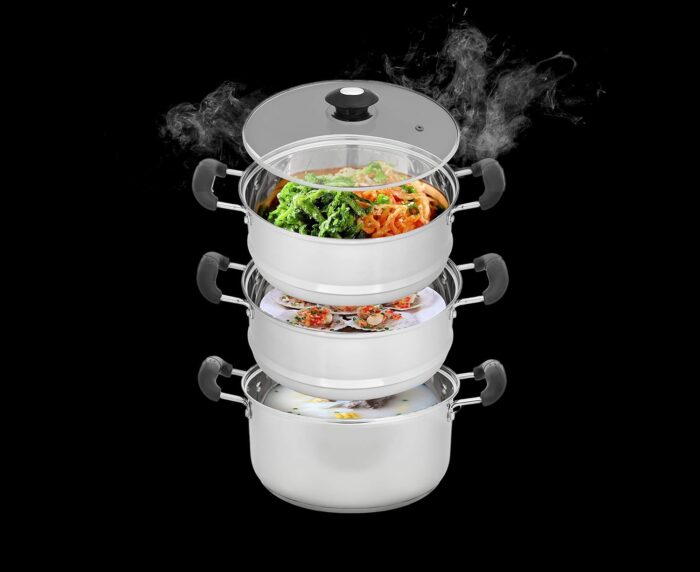 10" Stainless Steel 3 Tier Steamer Steaming Pot Cookware 24 CM (Induction Compatible) - Image 2