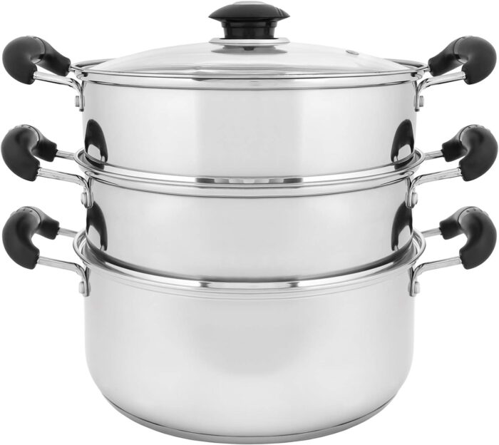 10" Stainless Steel 3 Tier Steamer Steaming Pot Cookware 24 CM (Induction Compatible)